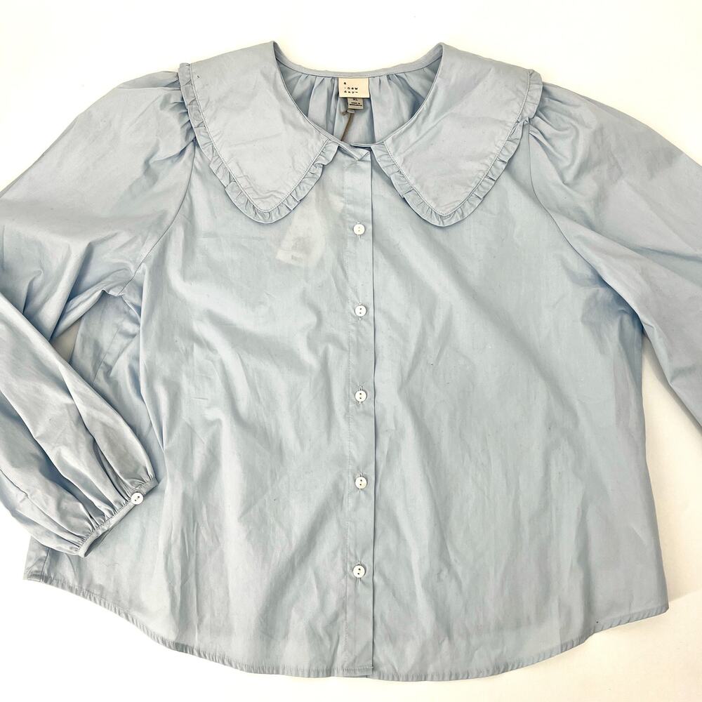 A New Day Peter Pan Collar Light Blue Ruffle 100% Cotton Blouse Size XL NWT